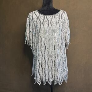 Bleu Bonheur Beaded & Sequined Party Top Polyester Scoop Neck Size 22/24 US